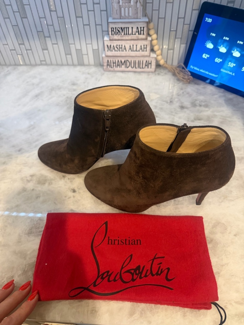 Christian Louboutin Dark Brown Suede Ankle Booties with Kitten Heel